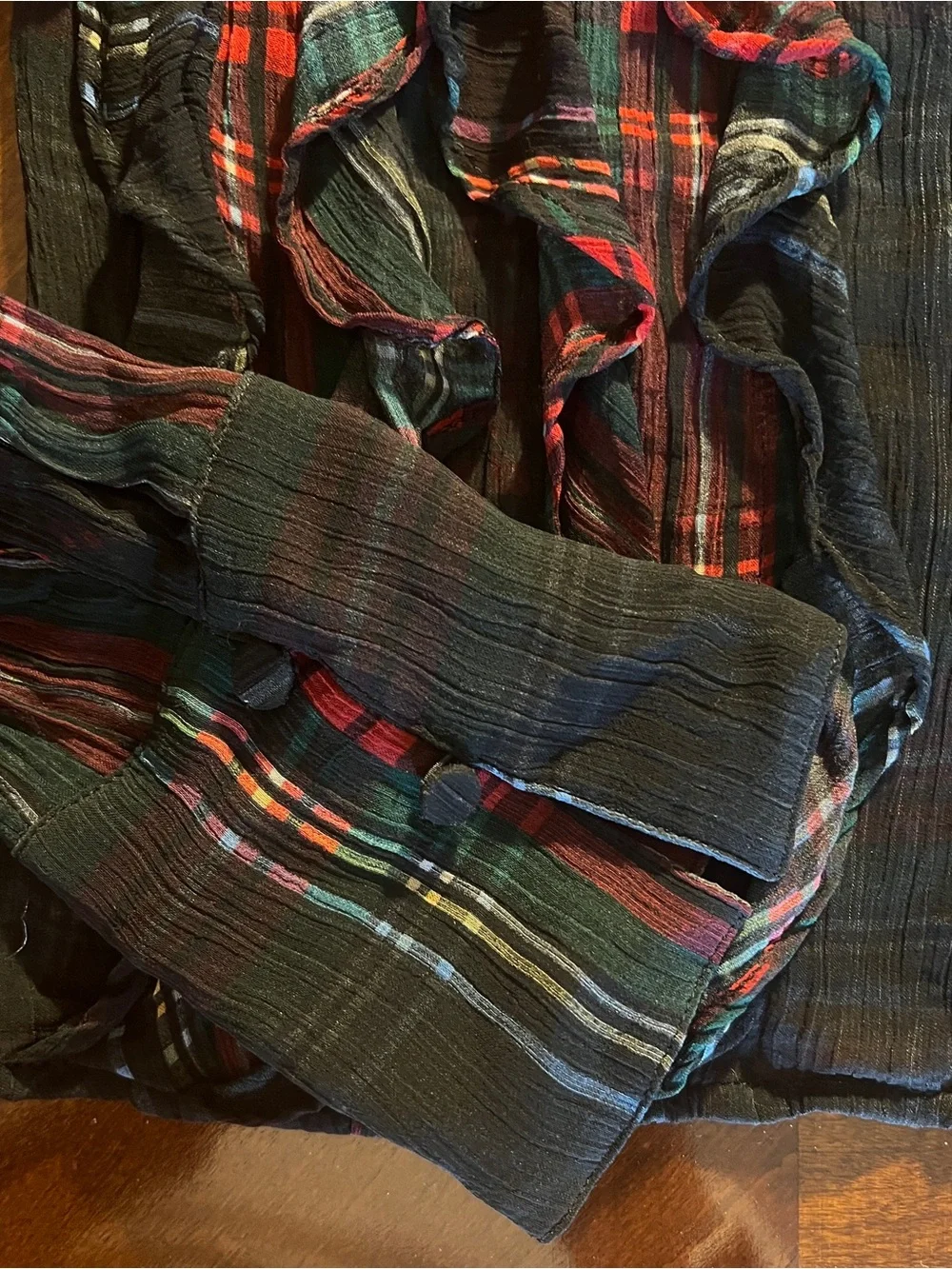 J.Crew Tartan Crinkle Cupro Ruffle Front Top Blouse Sheer Holiday Plaid Size 0